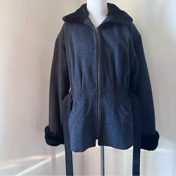Vintage Y2K Jason Kole Wool Faux Fur Trim Belted Zip Jacket Cozy Winter Coat - Picture 6 of 16
